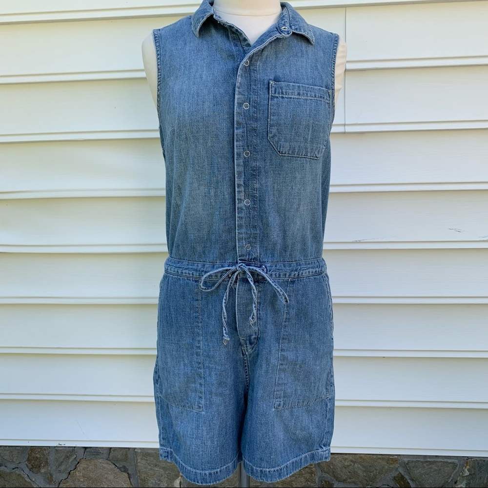 Lucky Brand Medium Light Denim Tie Waist Sleeveless Overall Shorts